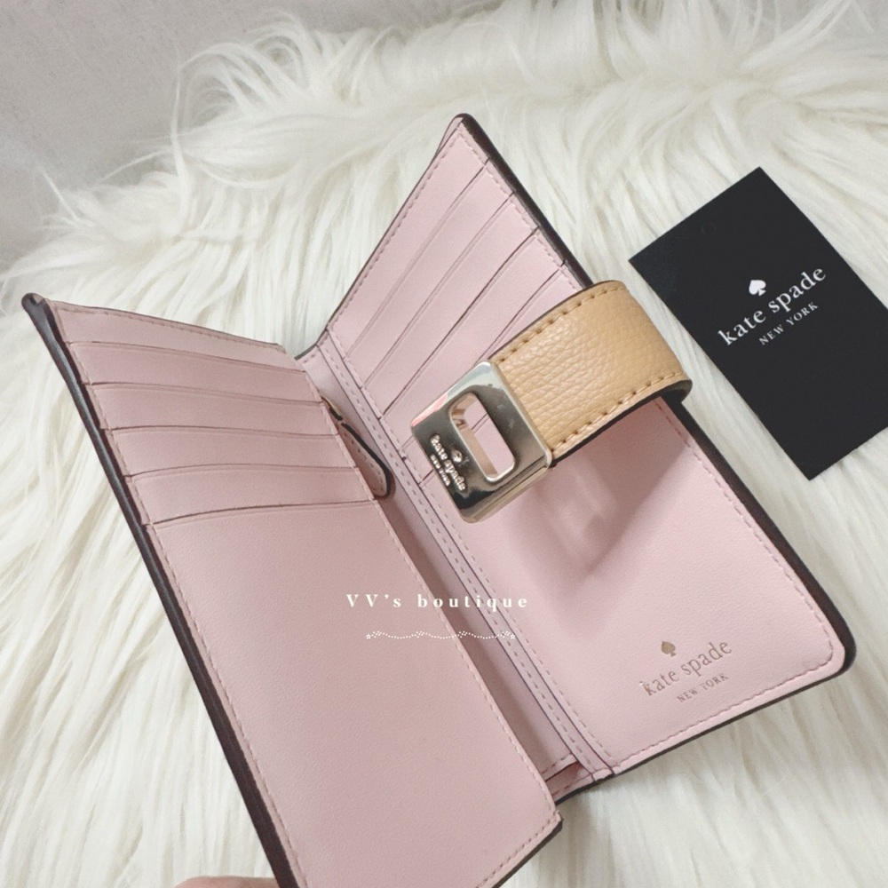 NWT Kate Spade Phoebe Medium Bifold Leather Turnlock Wallet Tiramisu Mouss KF534 - Picture 3 of 5